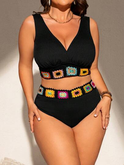 SHEIN Swim Curve بكيني مع أربطة قابلة للتعديل مزين بألوان الأزهار، للسيدات ذوات الحجم الكبير، ملابس السباحة لقضاء العطلات على الشاطئ