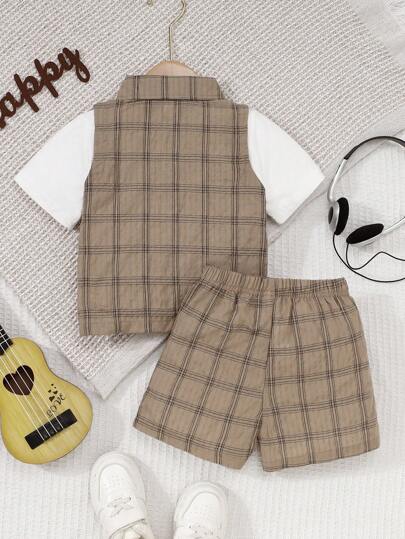 2 قطعة بنطلون قصير وقميص قلاب من منسوجات مخطط للأطفال الذكور، عبارة عن طقم موضة جديدة مناسبة للصيف، الرياضة، اليومي، الخارجي والمدرسة، ملابس الأطفال والرضع والرضع الصغار 6 أشهر - 3 سنوات