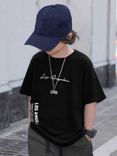 SHEIN تي شيرت تي-شيرت رسومات طباعية بأكمام قصيرة كاجوال للبنين المراهقين، مناسب للصيف