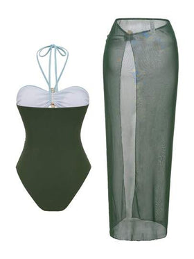 Swim Oasis مجموعة من 2 قطعة بدلة سباحة حريمي ذات لون واحد، قطعة واحدة معدنية مفرغة مع غطاء فوق تنورة شبكية لخروج الشاطئ