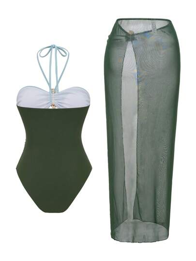 Swim Oasis مجموعة من 2 قطعة بدلة سباحة حريمي ذات لون واحد، قطعة واحدة معدنية مفرغة مع غطاء فوق تنورة شبكية لخروج الشاطئ