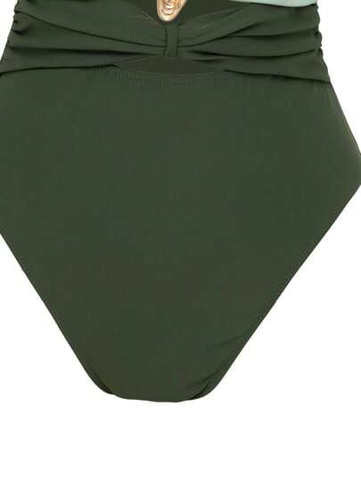 Swim Oasis مجموعة من 2 قطعة بدلة سباحة حريمي ذات لون واحد، قطعة واحدة معدنية مفرغة مع غطاء فوق تنورة شبكية لخروج الشاطئ