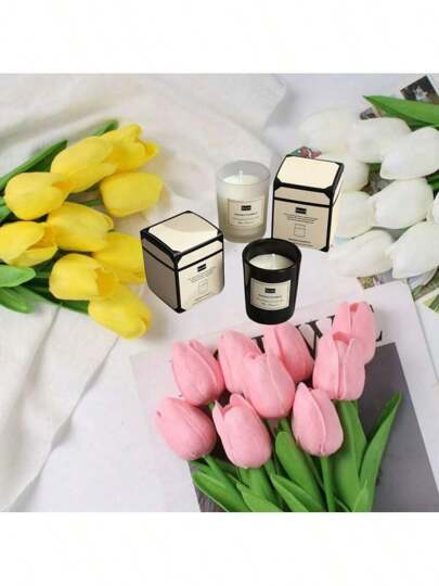 طقم هدية شموع معطرة، شموع شمع الصويا 5*6 أكواب مع 5 زهور الزنبق الاصطناعية، رائع لديكور الغرف والمكتب