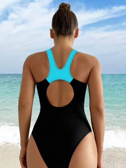 مايوه حريمي قطعة واحدة Swim SPRTY ملابس سباحة قطعة واحدة للنساء بتباين الألوان الأسود والأبيض، ظهر مفرغ، منخفضة عند الخصر، مناسبة للرياضات البحرية والسباحة والشاطئ