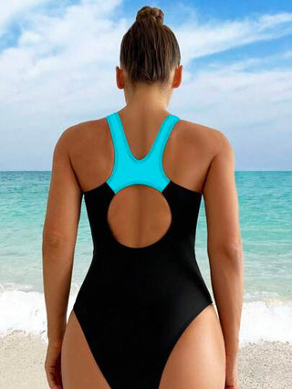مايوه حريمي قطعة واحدة Swim SPRTY ملابس سباحة قطعة واحدة للنساء بتباين الألوان الأسود والأبيض، ظهر مفرغ، منخفضة عند الخصر، مناسبة للرياضات البحرية والسباحة والشاطئ