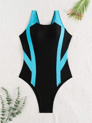 مايوه حريمي قطعة واحدة Swim SPRTY ملابس سباحة قطعة واحدة للنساء بتباين الألوان الأسود والأبيض، ظهر مفرغ، منخفضة عند الخصر، مناسبة للرياضات البحرية والسباحة والشاطئ