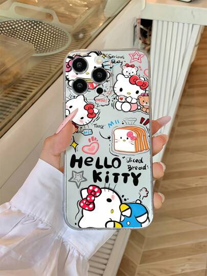 Sanrio 1 قطعة كفر هاتف من مادة البولي يوريثان شفاف مطبوع عليه طباعة أشعة فوق بنفسجية بنمط كرتوني جميل لهالو كيتي مضاد للانزلاق والسقوط