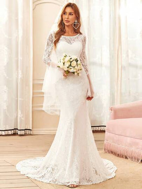 EVERPRETTY فستان زفاف أنيق بأكمام منتفخة وذيل طويل مزين بالدانتيل وذيل مرمري للزفاف في المحكمة، فستان عروس أبيض، للعروس، لعيد الحب والربيع الأنيق