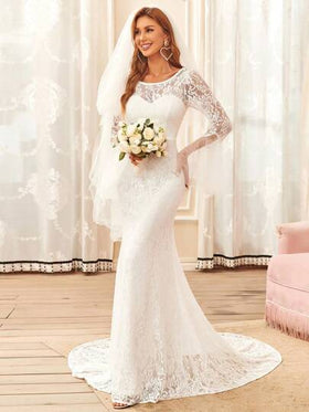 EVERPRETTY فستان زفاف أنيق بأكمام منتفخة وذيل طويل مزين بالدانتيل وذيل مرمري للزفاف في المحكمة، فستان عروس أبيض، للعروس، لعيد الحب والربيع الأنيق