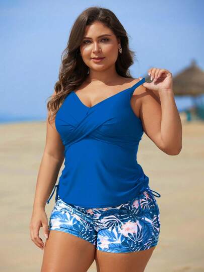 Swim Lushoire مجموعة ملابس سباحة لقياسات كبيرة من قطعتين صدرية بطبعات زهور عشوائية وسرواليات تايكيني للشاطئ والعطلات
