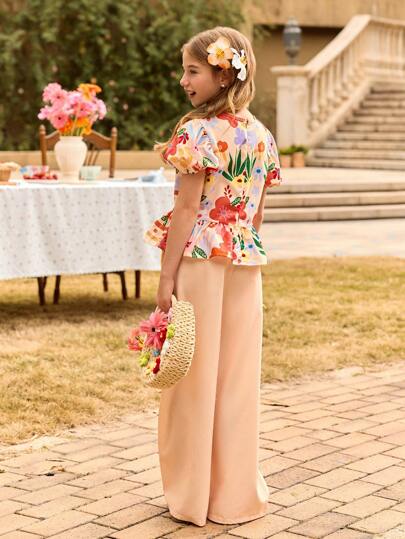 girls-sets مجموعة بنطلون وبلوزة للفتيات المراهقات, طقم قطعتين مكون من ملابس علوية بأكمام منتفخة مزخرفة بطباعة الأزهار الملونة وبنطلون فضفاض واسع الساق, مناسب للعطلات والرحلات
