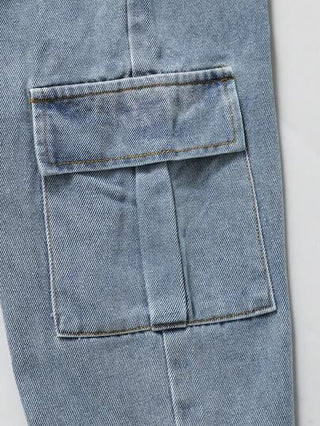 SHEIN بنطال جينز للأولاد، خصر مرن، جيوب كارجو، قصة ناعمة ضيقة للساق