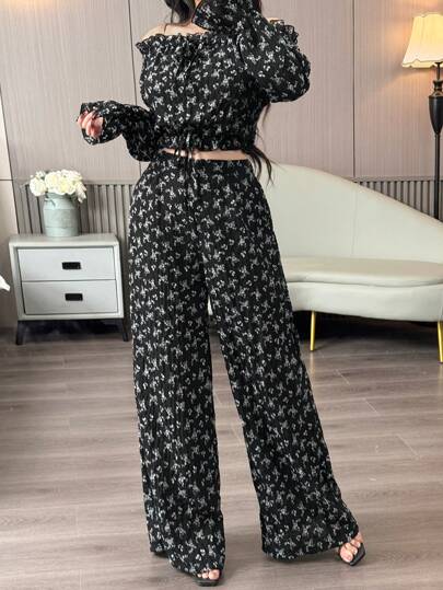 طقم حريمي قطعتين Modelyn العيد مجموعة فستان وبلوزة كتف مكشوف ذو طبعة زهور متناثرة للنساء قطعتين