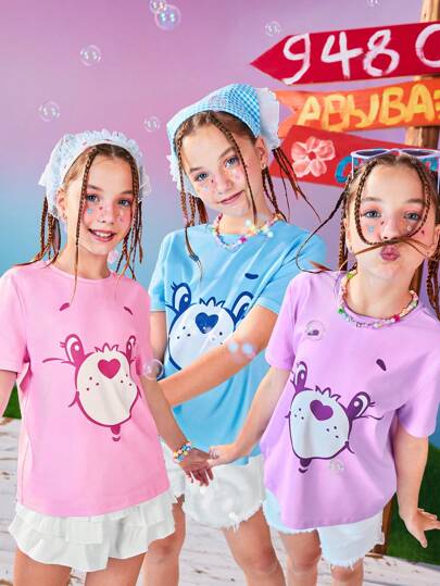 ملابس بناتي X Care Bears تي شيرت تيشيرت قصير الأكمام للفتاة المراهقة ذو رسوم قلب ودب كرتونية جميلة ومريح ،متعدد الاستخدامات في الألوان البنفسجي والوردي والأزرق