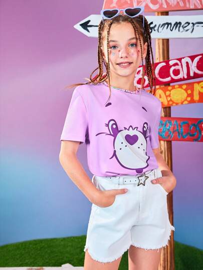 ملابس بناتي X Care Bears تي شيرت تيشيرت قصير الأكمام للفتاة المراهقة ذو رسوم قلب ودب كرتونية جميلة ومريح ،متعدد الاستخدامات في الألوان البنفسجي والوردي والأزرق