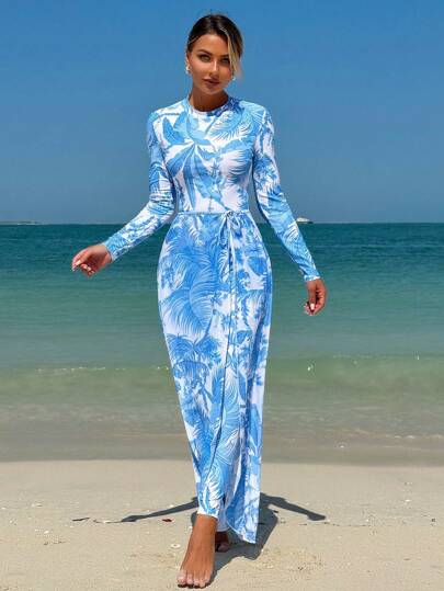 Swim Mulvari بدلة سباحة ذات أكمام طويلة مطبوعة بطبعات عشوائية للنساء 3 قطع، غطاء شاطئ مطبوع بطبعات عشوائية، مجموعة بوركيني، صيفي