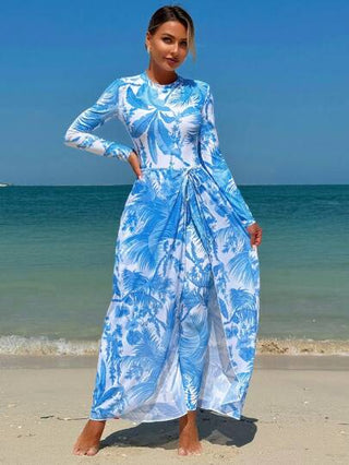 Swim Mulvari بدلة سباحة ذات أكمام طويلة مطبوعة بطبعات عشوائية للنساء 3 قطع، غطاء شاطئ مطبوع بطبعات عشوائية، مجموعة بوركيني، صيفي