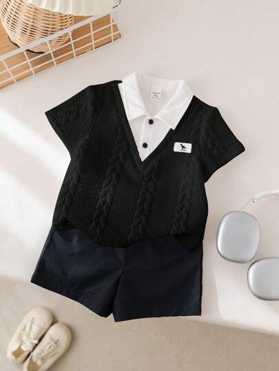 SHEIN طقم قميص بولو وشورت للأطفال الرضع الذكور الجميل، مكون من 2 قطع،مناسب لحفلة عيد الميلاد، والحفلات المسائية، والعروض التقديمية، والحفلات الزفاف، وحفل استقبال المواليد، وحفل الشهر الأول، وحفل عيد الميلاد الأول