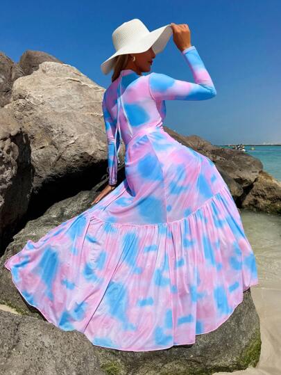 Swim Shayni مجموعة فستان حجاب (بوركيني) تشمل بدلة سباحة وتنورة شاطئية مطبوعة ذات تصميم عشوائي مموج مع فتحة رقبة دائرية وأكمام طويلة وسحاب في الخلف، 2 قطعة