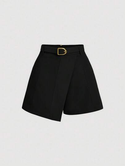 SHEIN MOD شورت أسود أنيق مع حزام وحزام أمامي، شورت خريفي وشتوي، شورت للخروج، شورت رجعي، شورت لأيام الاحتفالات