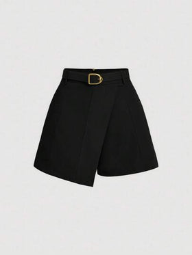 SHEIN MOD شورت أسود أنيق مع حزام وحزام أمامي، شورت خريفي وشتوي، شورت للخروج، شورت رجعي، شورت لأيام الاحتفالات