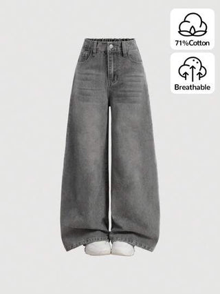 SHEIN Girlism بنطلون جينز فضفاض واسع الساق على الطراز القديم Y2k، ملابس شارع هاراجوكو الكورية الشعبية، بنطلون رمادي كلاسيكي أسلوب 2000، مناسب لفتيات المراهقات، ملابس شتوية للفتيات، بدلات عودة إلى المدرسة