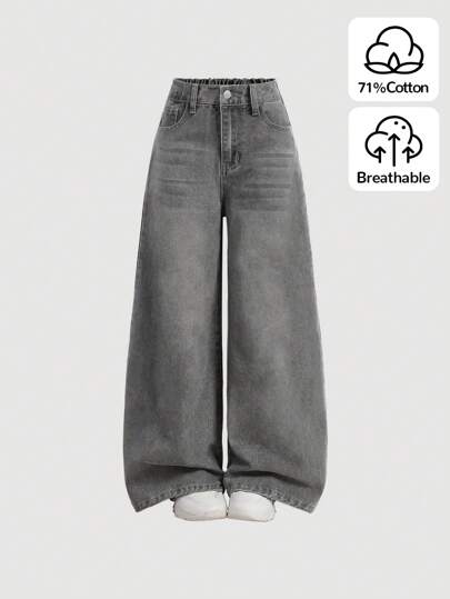SHEIN Girlism بنطلون جينز فضفاض واسع الساق على الطراز القديم Y2k، ملابس شارع هاراجوكو الكورية الشعبية، بنطلون رمادي كلاسيكي أسلوب 2000، مناسب لفتيات المراهقات، ملابس شتوية للفتيات، بدلات عودة إلى المدرسة
