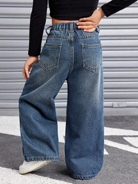 SHEIN بنطلون جينز أزرق فينتاج مبطن حراريًا مع خصر غير متماثل فضفاض، للفتيات، مناسب للخريف والشتاء، أنيق للفتيات في