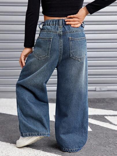 SHEIN بنطلون جينز أزرق فينتاج مبطن حراريًا مع خصر غير متماثل فضفاض، للفتيات، مناسب للخريف والشتاء، أنيق للفتيات في