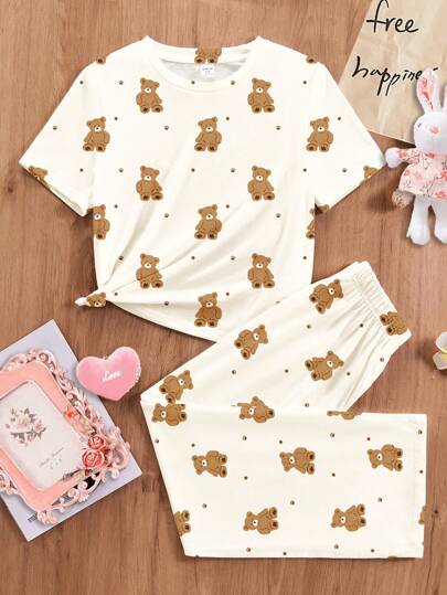SHEIN طقم بيت نسائي مكون من بلوزة كاجوال بأكمام قصيرة ذات تصميم ضيق مع رسمة الدبدوب الجميل و بنطال فضفاض طويل، مناسب لفصلي الربيع والصيف