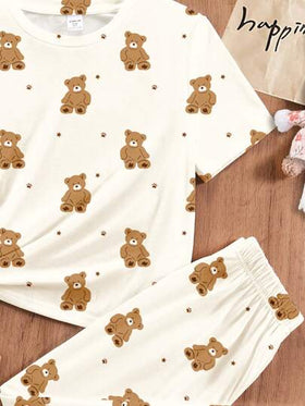 SHEIN طقم بيت نسائي مكون من بلوزة كاجوال بأكمام قصيرة ذات تصميم ضيق مع رسمة الدبدوب الجميل و بنطال فضفاض طويل، مناسب لفصلي الربيع والصيف