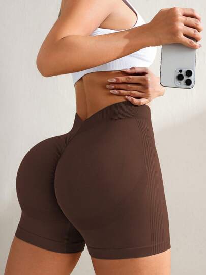 SHEIN Sport Studio شورت رياضي للسيدات، تصميم الخصر كشكشة، رفع الأرداف الجذاب، يوجا وياقة بدنية مرن ومريح