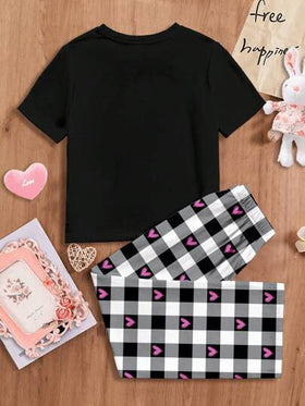 SHEIN بيجامة مكونة من بلوزة قصيرة الأكمام بياقة صيادي وبنطلون فضفاض، مناسبة للبنات المراهقات في الربيع والصيف ، بتصميم بسيط وعادي
