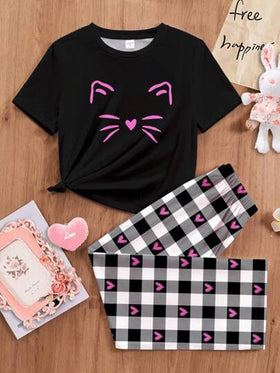 SHEIN بيجامة مكونة من بلوزة قصيرة الأكمام بياقة صيادي وبنطلون فضفاض، مناسبة للبنات المراهقات في الربيع والصيف ، بتصميم بسيط وعادي