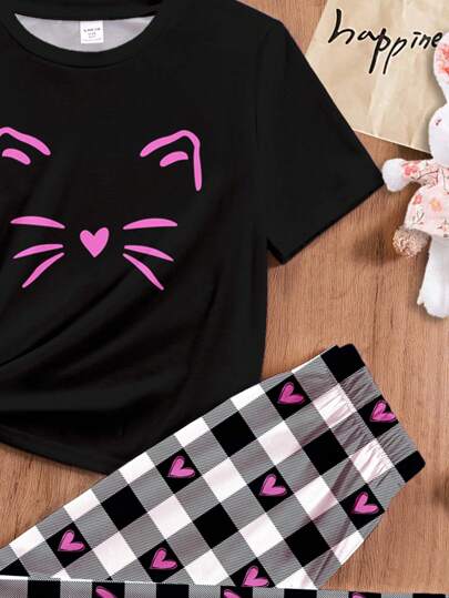 SHEIN بيجامة مكونة من بلوزة قصيرة الأكمام بياقة صيادي وبنطلون فضفاض، مناسبة للبنات المراهقات في الربيع والصيف ، بتصميم بسيط وعادي