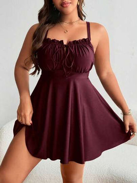 Swim Lushoire فستان سباحة أسود للنساء كبيرات الحجم مع تريم مكشكش وربطة أمامية للصيف والعطلات الشاطئية