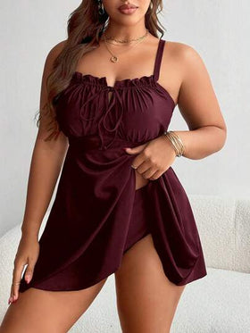 Swim Lushoire فستان سباحة أسود للنساء كبيرات الحجم مع تريم مكشكش وربطة أمامية للصيف والعطلات الشاطئية