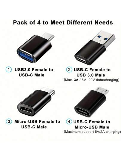 4 قطع مجموعة محول USB-C: OTG USB 3.0، محول من مايكرو USB إلى USB-C، سطح معدني أسود أنيق - متوافق مع MacBook Pro، الهواتف الذكية، أجهزة الكمبيوتر المحمولة، أجهزة الكمبيوتر، محول USB