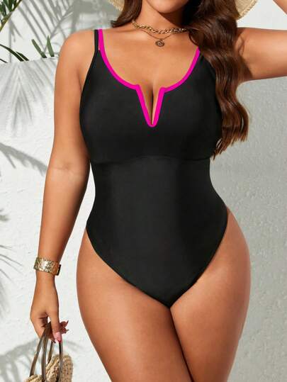 SHEIN Swim Curve بذلة سباحة كامل الطول للنساء البدينات، بتصميم ظهر مكشوف وجذاب عاري باللونين، مع خصائص رفع وتنحيف الجسم