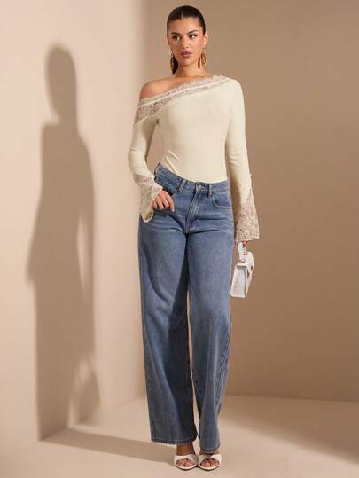 SHEIN BAE بودي سويت أنيق وجذاب للنساء بلون أحادي وقصة وأكمام متباينة مع تطريز شبكي، مناسب للطبقات في فصلي الخريف والشتاء، بودي سويت مصنوع من الأقمشة المحبوكة مناسب للخروج والمناسبات الرومانسية والحفلات
