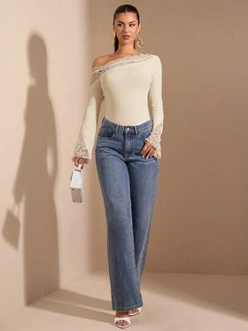 SHEIN BAE بودي سويت أنيق وجذاب للنساء بلون أحادي وقصة وأكمام متباينة مع تطريز شبكي، مناسب للطبقات في فصلي الخريف والشتاء، بودي سويت مصنوع من الأقمشة المحبوكة مناسب للخروج والمناسبات الرومانسية والحفلات