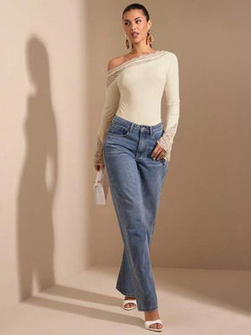 SHEIN BAE بودي سويت أنيق وجذاب للنساء بلون أحادي وقصة وأكمام متباينة مع تطريز شبكي، مناسب للطبقات في فصلي الخريف والشتاء، بودي سويت مصنوع من الأقمشة المحبوكة مناسب للخروج والمناسبات الرومانسية والحفلات