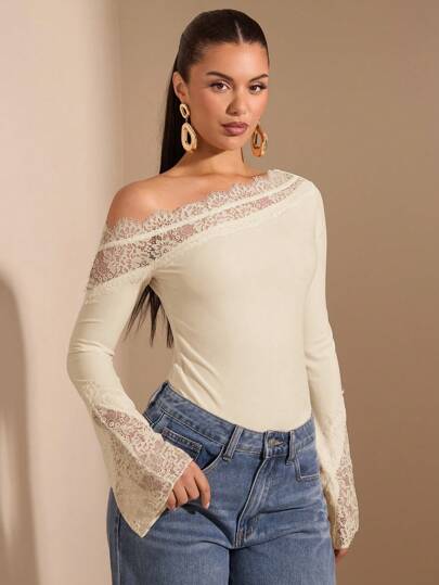 SHEIN BAE بودي سويت أنيق وجذاب للنساء بلون أحادي وقصة وأكمام متباينة مع تطريز شبكي، مناسب للطبقات في فصلي الخريف والشتاء، بودي سويت مصنوع من الأقمشة المحبوكة مناسب للخروج والمناسبات الرومانسية والحفلات