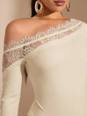 SHEIN BAE بودي سويت أنيق وجذاب للنساء بلون أحادي وقصة وأكمام متباينة مع تطريز شبكي، مناسب للطبقات في فصلي الخريف والشتاء، بودي سويت مصنوع من الأقمشة المحبوكة مناسب للخروج والمناسبات الرومانسية والحفلات