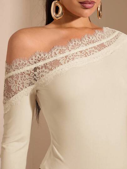 SHEIN BAE بودي سويت أنيق وجذاب للنساء بلون أحادي وقصة وأكمام متباينة مع تطريز شبكي، مناسب للطبقات في فصلي الخريف والشتاء، بودي سويت مصنوع من الأقمشة المحبوكة مناسب للخروج والمناسبات الرومانسية والحفلات