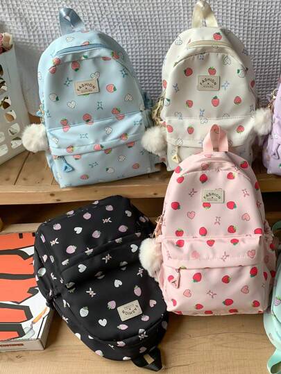 حقيبة ظهر بنمط الفراولة الكاواييه - ذات سعة كبيرة للطالبات، حقيبة مدرسية كاجوال من النايلون متعددة الأقسام مع قلادة من الفرو، مناسبة للمدرسة والتنقل، حقيبة مدرسية، محمولة، حجيرة للكمبيوتر المحمول، سعة كبيرة، مناسبة للفتيات المراهقات شنطه جامعه شنط جامعات