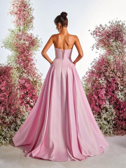 Glamrae فستان سهرة أنيق وجميل وناعم ذو تصميم ثلاثي الأبعاد لصدر البسيطة للنساء الحفلات الرسمية وحفلات الزفاف وحفلات المساء وحفلات العشاء، فستان من القماش الأنيق المخملي باللون الوردي