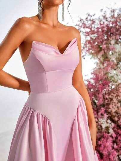 Glamrae فستان سهرة أنيق وجميل وناعم ذو تصميم ثلاثي الأبعاد لصدر البسيطة للنساء الحفلات الرسمية وحفلات الزفاف وحفلات المساء وحفلات العشاء، فستان من القماش الأنيق المخملي باللون الوردي
