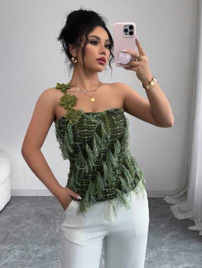 Elenzga قطعة واحدة من فساتين النساء برقعة زهرية ثلاثية الأبعاد مع شراريب للتزيين، قطعة علوية قصيرة بدون أكمام