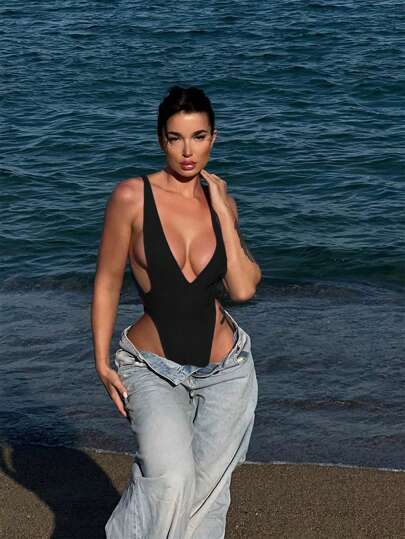 Swim SXY ملابس سباحة قطعة واحدة للنساء، ذات فتحة خلفية مكشوفة وياقة على شكل حرف V جذابة